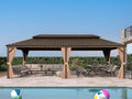 PURPLE LEAF 14' X 28' Outdoor Hardtop Gazebo Patio Wide Aluminum Frame Metal Double Roof with Heavy Duty Netting and Curtains for Permanent Hard Top Pavilion Screen Khaki