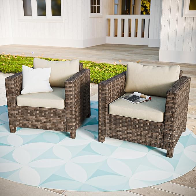 EAGLE PEAK Harbor Haven 2 Piece Wicker Patio Chair, Deep Seating Armchair, Weather Resistant Outdoor Furniture for Patio, Deck, Garden, Brown/Beige