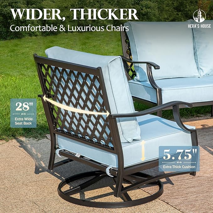 HERA'S HOUSE Outdoor Chairs Set of 2, 2 x Patio Chair with Blue Cushions, All Weather Outdoor Furniture for Lawn Garden Backyard Deck(Swivel Chairs)