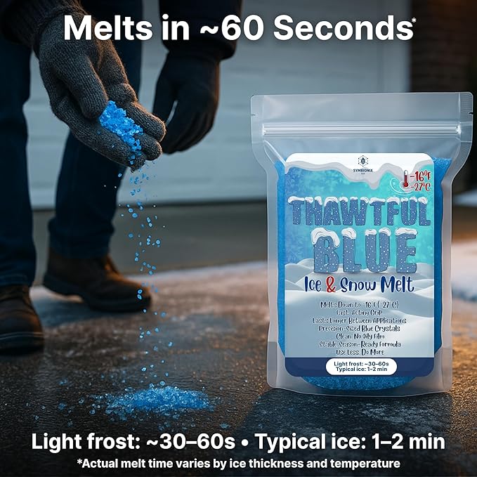 Thawtful Blue Ice & Snow Melt – Snow Melt, Rock Salt, Driveway & Sidewalk Salt for Ice, Blue Granular Rock Salt, Melts to −16°F (−27°C) – Resealable Zip Bag (10 QUARTS - 21.3 lb.)