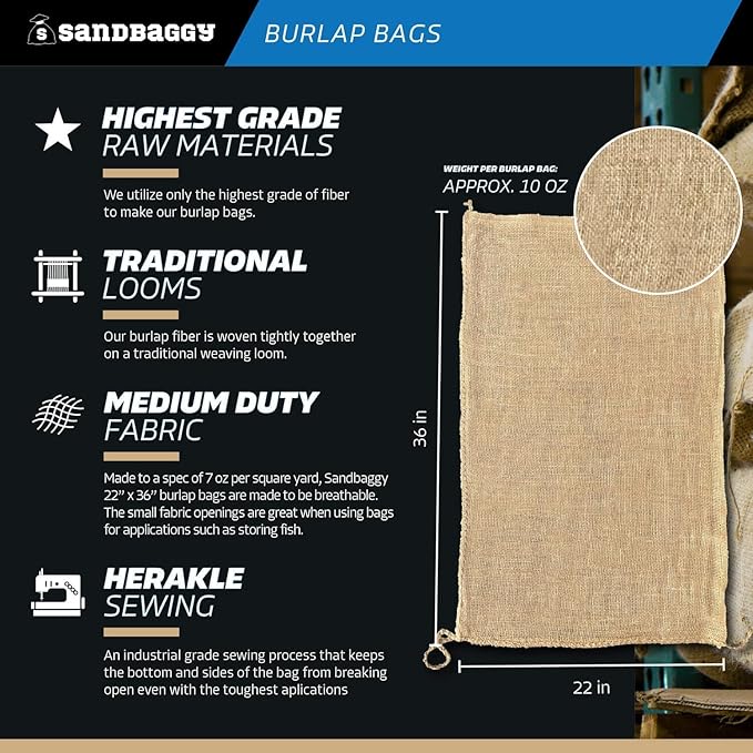 Sandbaggy Burlap Bags for Vegetables & Gardening, 22" X 36"- Burlap Sacks Perfect for Kids - Plant Covers - Holds Up to 50lbs - Food Grade (Pack of 10)