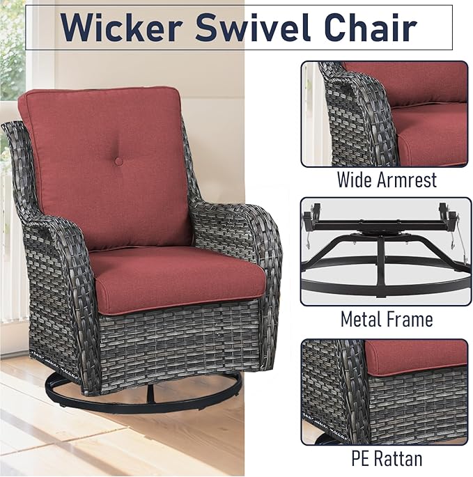 Outdoor Furniture Set：8 PCS Patio Furniture Set with Outdoor Swivel Rocker Patio Chairs, Grey/Red
