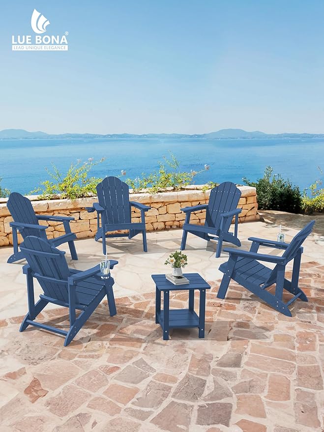 LUE BONA HDPE Adirondack Chairs Set of 2,Plastic Adirondack Chairs with Cup Holder Weather Resistant for Outdoor, Patio, Lawn, Garden, Backyard Deck, Fire Pit, Blue