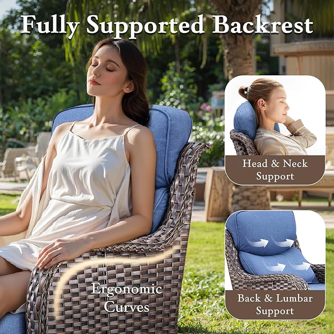 Luxury Outdoor Furniture Set with 6-Inch Thick Cushion, High Back Swivel Patio Chairs with Ottoman & Side Table, Outdoor Wicker Swivel Bistro Set for Porch, Yard, Deck, Poolside, Brown/Blue