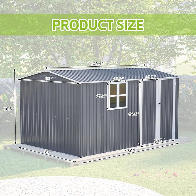 8×12 Ft Metal Outdoor Storage Shed with Floor Base and Window, 0.25mm Galvanized Steel Metal Garden Shed Waterproof with Lockable Door for Backyard, Patio, Garden, Dark Grey
