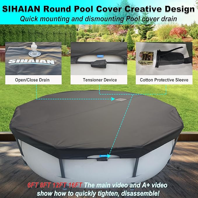 16 Ft Pool Cover, with Automatic Drain Round Pool Cover, One-Piece Quick Installation and Removal Above Ground Pool Cover, Preventing Waterlogging, UV Protected Solar Swimming Pool Cover