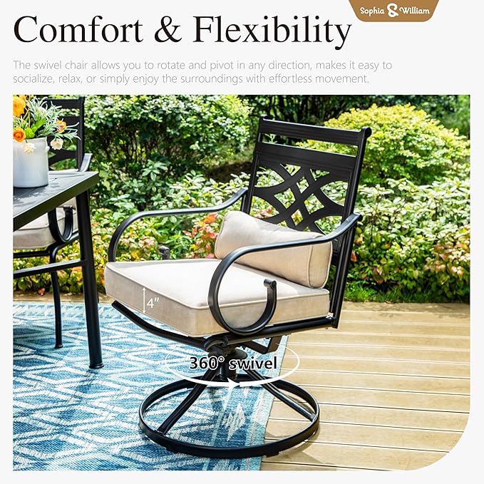 Sophia & William Swivel Patio Dining Set for 6 | 13ft Patio Umbrella Red | Removable Seat Cushions | Black 59" Patio Dining Table