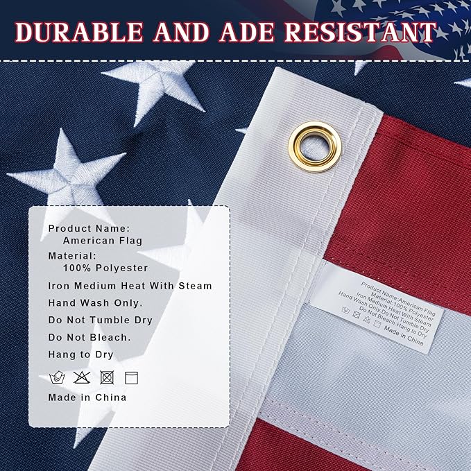 American Flag 5x8 Ft Indestructible Outdoor, Long Lasting, Heavy Duty, TearProof Polyester, Fade Resistant, High Wind US Outside Flags with Embroidered Stars, Sewn Stripes, Brass Grommets