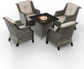 5-Piece Wicker Patio Furniture Set, 4 Armchairs and 1 Fire Pit, Conversation Set with Cushions, Beige