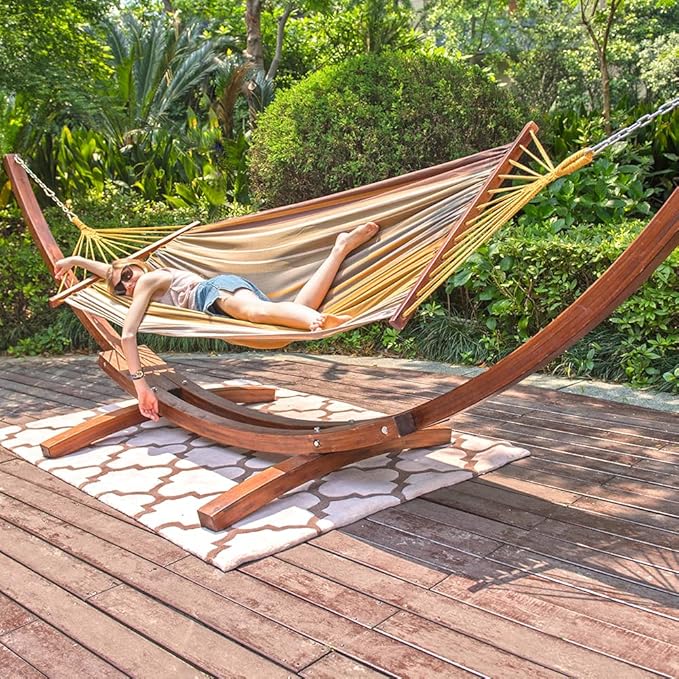 Lazy Daze Hammocks Cotton Fabric Spreader Bar Hammock and 10.5 Ft Wood Arc Hammock Stand Combo, for Indoor, Outdoor, Patio, Garden, Backyard, Khaki and Brown