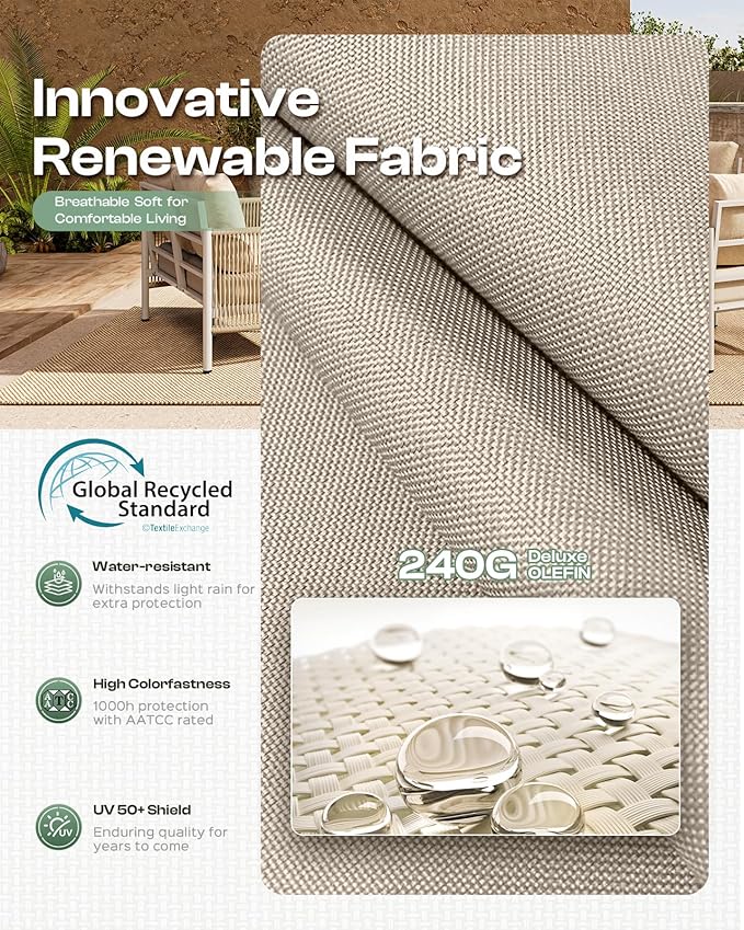 Aluminum Outdoor Patio Furniture Set, HDPE Rope 5 Piece Modern Sectional Conversation Sets with Dual-Layer Coffee Table, All Weather Patio Couch Sofa with Thick Cushions, Silver Frame, Beige