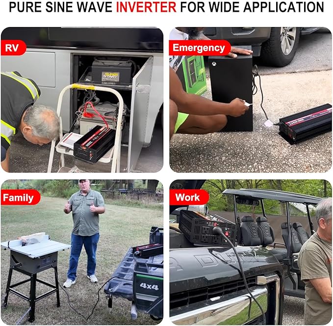 JIGUUN 1500 Watt Pure Sine Wave Inverter DC 12V to AC 120V Converter, Remote Control Power Car Inverter with LED 4 AC Outlets USB Output for Outdoor Camping RV.