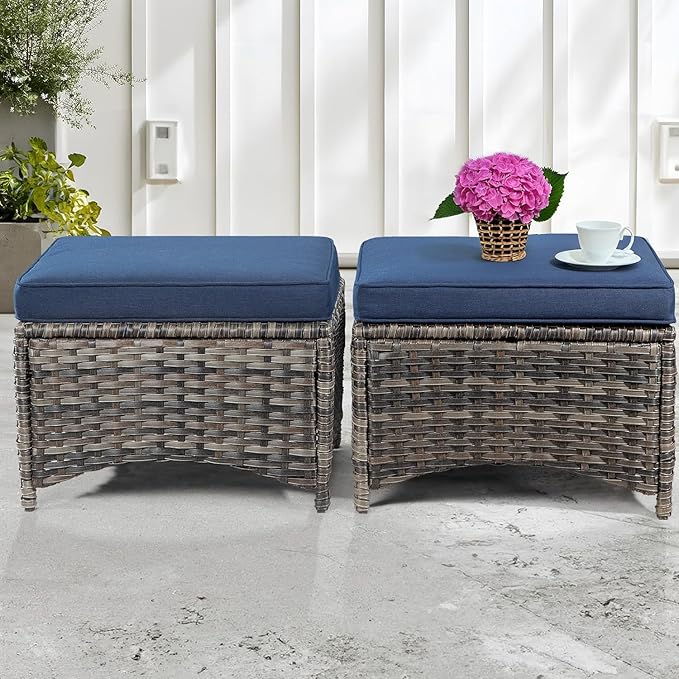4 Piece Patio Furniture Set, 2 Chairs and 2 Ottomans PE Wicker Footstool, Outdoors Rattan Conversation Set with Deep Seating and Olefin Cushions, for Backyard, Garden, Navy