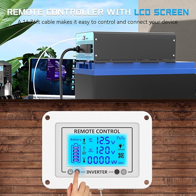 2500W Pure Sine Wave Inverter with Transfer Switch, 12V DC to 120V AC Converter with 2AC Outlets, USB Port, Type-C Port, Remote Controller, Power Inverter for RV, Outdoor, Auto Swtich to Shore Power