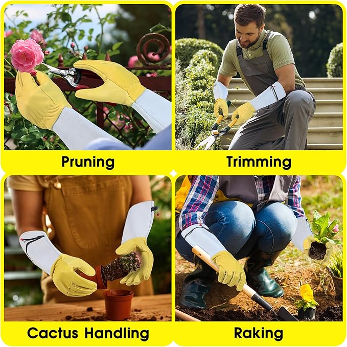 HANDLANDY Rose Gloves for Men & Women, Long Leather Gardening Gloves Thorn Proof, Best Garden Gifts & Tools for Gardener (Yellow-beige, X-Large (Pack of 1))