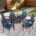 7 Pieces Round Dining Table Set for 6, Patio Dining Set Includes 6 Dark Blue Stackable Patio Chairs and 1 Black Round Table Set of 6, Patio Furniture Sets with Sling Support for Outside, Garden