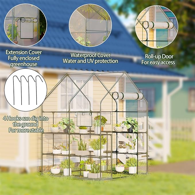 Walk in Greenhouse, 56x56x77 Inch Waterproof Green Houses for Outside, Portable for Outdoors with Roll-Up Zipper, Secure Hooks, Small Indoors Warm, 12 Shelves Walk-in (6.4x4.7x4.7FT)