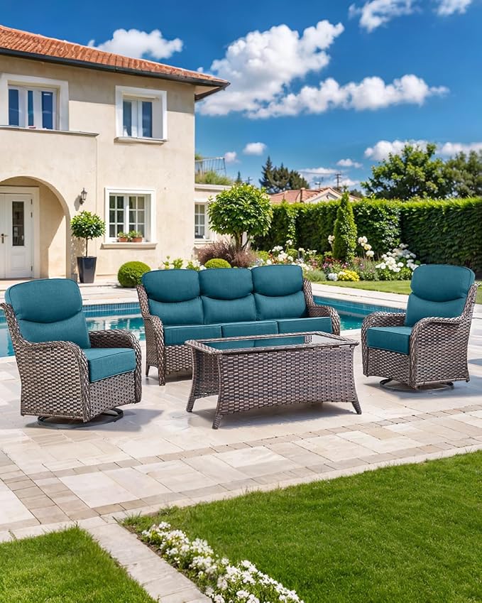 Luxury 22x24/22x25 6-Inch Smile Outdoor Seat Cushions Set of 2 - Superior Comfortable Water-Repellent Patio Chair Cushion for Rattan Dining Glider Loveseat Sectional Sofa - Peacock Blue