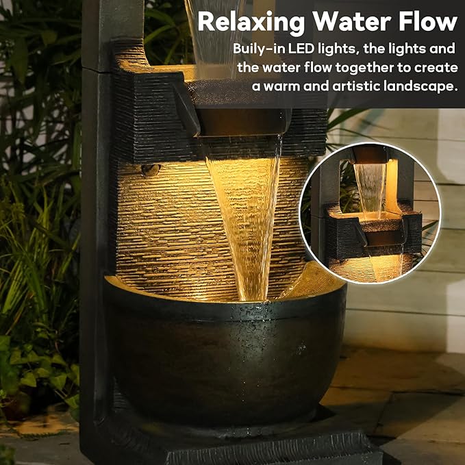 39" H Modern Outdoor Water Fountain with LED Lights and Pump, 3-Tier Standing Cascading Waterfall - Modern Design for Garden/Patio/Yard, Multi-Level Outdoor Decor 15“x14”x39“(Brown)