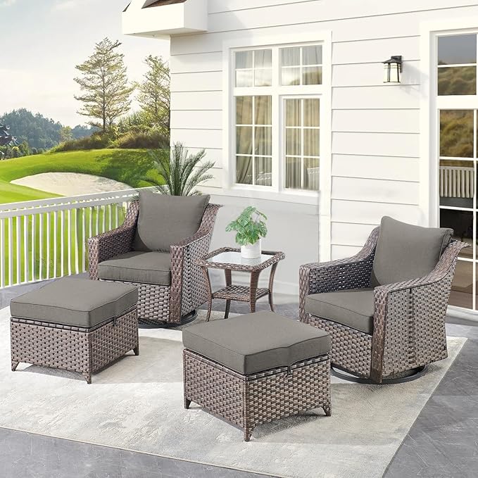 Outdoor Patio Wicker Swivel Chairs - Set of 2 Outside Resin Rattan Rocker Glider Gliding Chair Rocking Armchairs for Front Porch Balcony Backyard Yard Deck Poolside Apartment – Brown/Grey