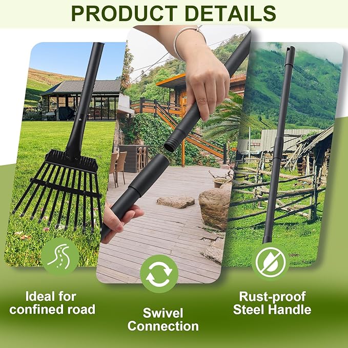Small Rake for Leaves, 11 Metal Tines Narrow Leaf Rake, 60'' Leaf Rakes for Lawns with Adjustable Steel Handle for Camping Flower Beds Mulch Shrub, Black