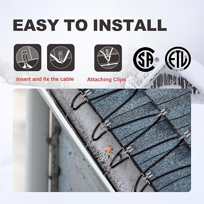 TDRD 20 feet Roof & Gutter Snow De-Icing Kit, 5W/ft Heat Tape for Roof and Gutters Ice Dam Prevention with 6 ft Power Cold