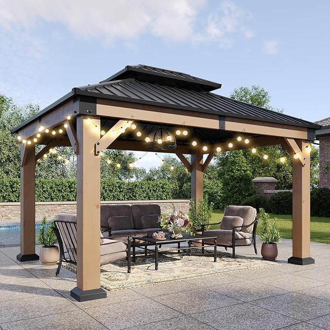 Aoxun 10' x 12' Outdoor Wood Gazebo, Hardtop Gazebo Permanent Wooden Pavilion with Galvanized Steel Double Roof, and LED Outdoor Waterproof Hanging Lights, for Patio, Garden, Deck, Cedar Wood