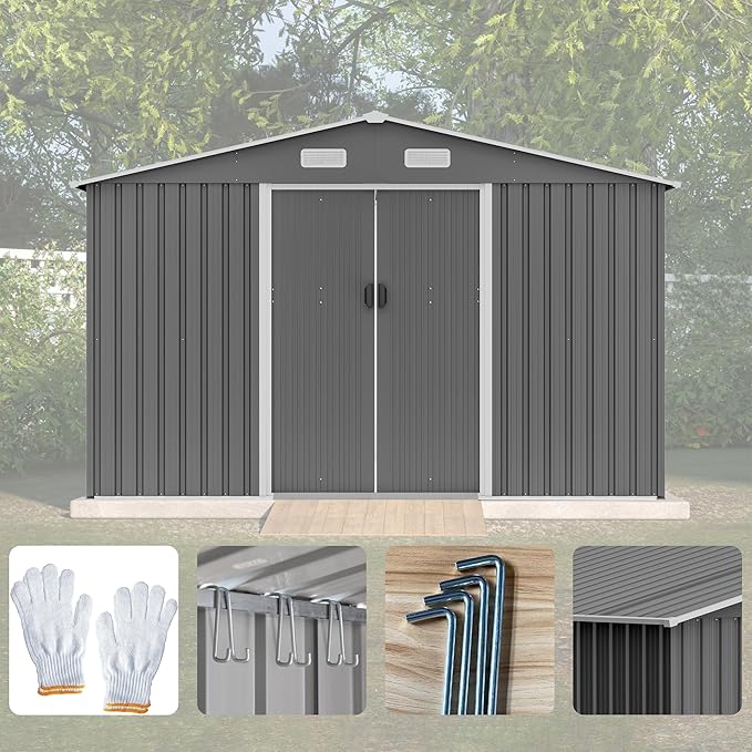 10X8 FT Outdoor Storage Shed, Lockable Doors, Tool Shed for Garden, Patio, Backyard, Lawn, Grey