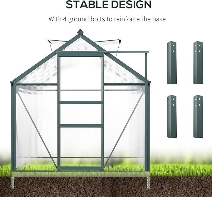 Outsunny 6' x 10' Greenhouse for Outdoors, Polycarbonate Greenhouse with Rain Gutter and Roof Vent, Aluminum Walk-in Green Houses for Outside for Patio Backyard Garden, Dark Green