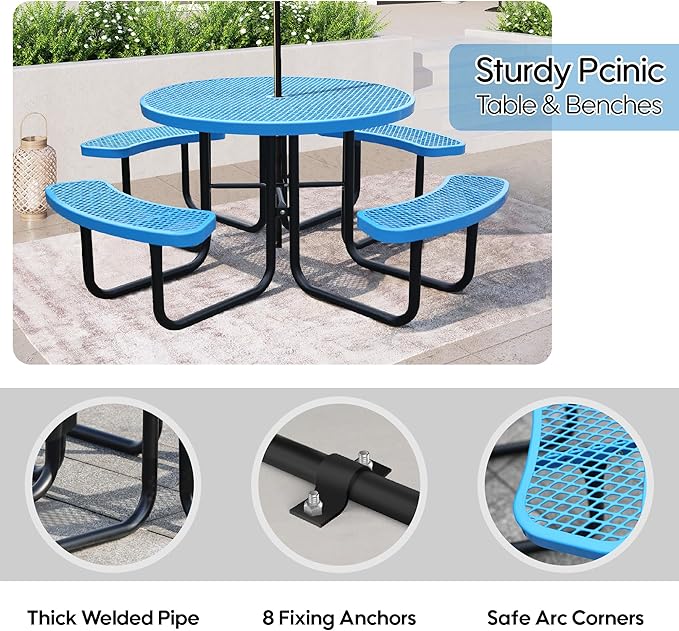 8-Person Picnic Tables for Outdoors, Industrial 46" Expanded Metal Round Picnic Table with 4 Benches & Umbrella Hole, Outside Table and Bench Set for Park, Garden, Backyard, Patio, Blue