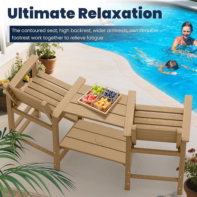 Tall Adirondack Chairs Set of 2, All Weather HDPE Poly Bar Height Balcony Adirondack Chair with Removable Double Connecting Trays, Outdoor Adirondack Barstools for Deck, Patio, Yard, Pool, Lawn