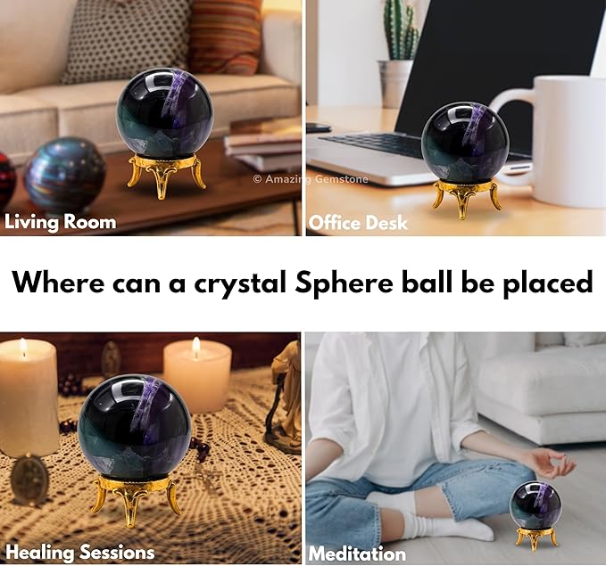 Amazing Gemstone Fluorite Crystal Ball with Stand - 2 Inches Crystal Sphere Meditation Balls for Witchcraft and Decorative Balls