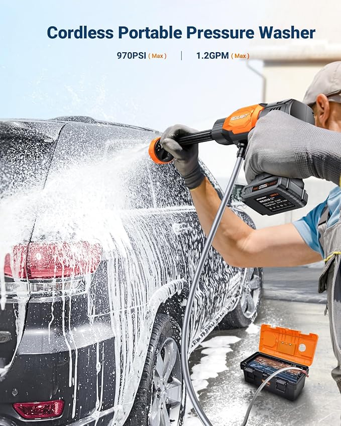 SEALIGHT Cordless Pressure Washer Battery Pressure Washer, 970 PSI Cordless Power Washer with 3.0Ah Battery & 6-in-1 Nozzle & Foam Pot & Carry Box, Portable Power Washer for Home,Yard, Car Wash