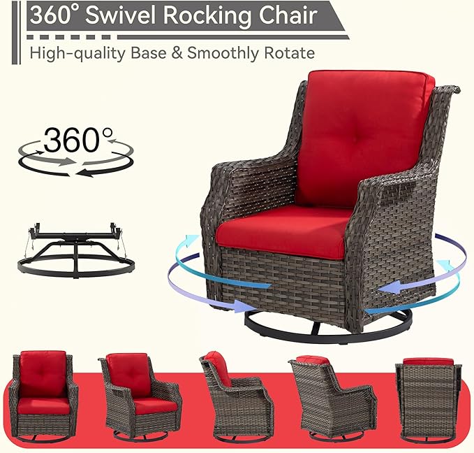 Swivel Patio Chair Outdoors - 360 Degree, Set of 2, Glider Chair with 3.5" Olefin Fabric Cushions (Mixed Grey Rattan/Red)