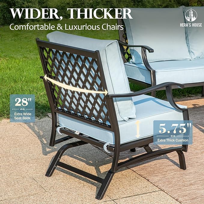 HERA'S HOUSE Outdoor Chairs Set of 2, 2 x Patio Chair with Blue Cushions, All Weather Outdoor Furniture for Lawn Garden Backyard Deck(Rocking Chairs)
