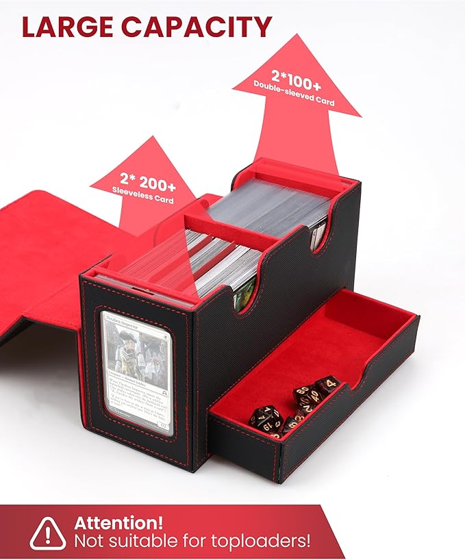 MRAUF MTG Deck Box with Double Commander Display and Dice Tray, Fits 200+ Double Sleeved Cards, Card Storage Box Plus 2 Magnetic Holders& 100Pcs Card Sleeves (Black& Red)