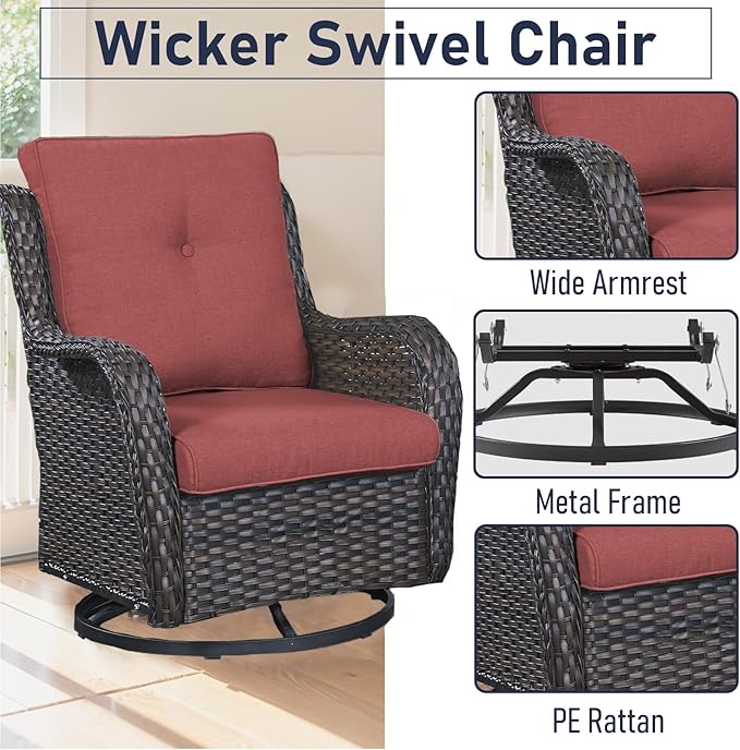 Outdoor Furniture Set：8 Pieces Patio Furniture Set with Outdoor Swivel Rocker Patio Chairs, Brown/Red