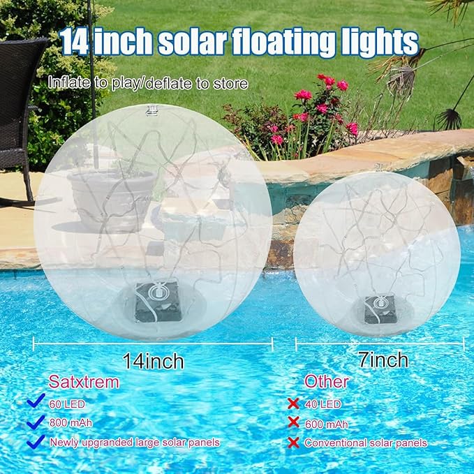 Solar Powered Floating Pool Lights - 14" Inflatable Waterproof Floating Light UP Pool Glow Balls, 3000K Warm-White Led Pool Lights That Float for Party Decorations, Outdoor Patio Detor (6)