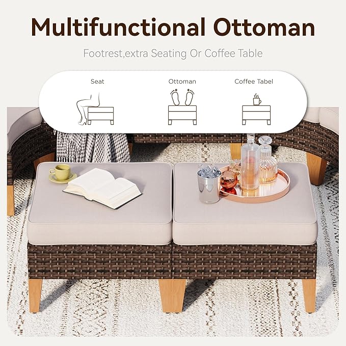 GREEN PARTY 7 Pieces Wicker Patio Furniture Set with 56" Fire Pit Table, All-Weather Outdoor Rattan Patio Half-Moon Curved Sectional Sofa Conversation Set for Garden, Backyard