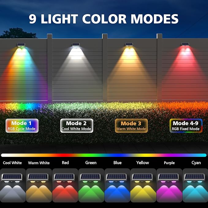 APONUO Solar Fence Lights, IP64 Waterproof, Fence Lights Solar Powered 9 Lighting Color Modes RGB Color Glow LED, Fences Solar Light Outdoor for Backyard, Yard, Wall, Deck, Patio, 12 Pack, White