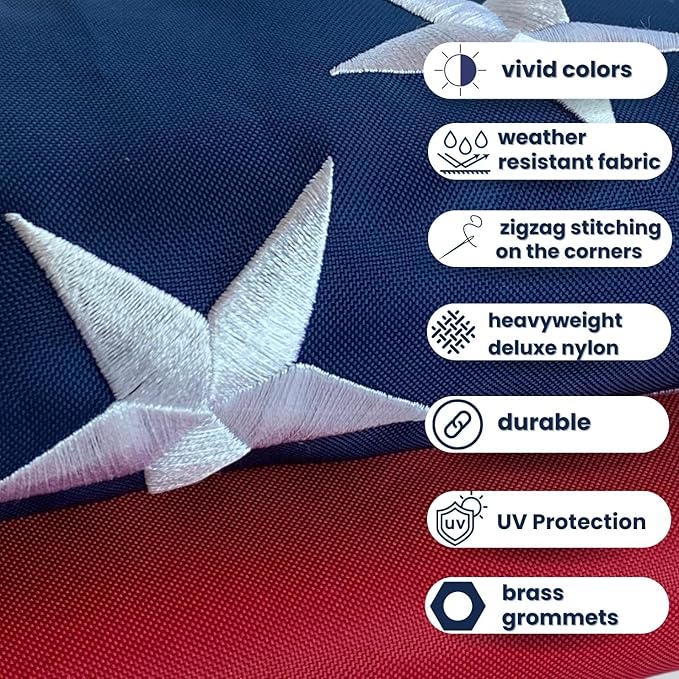 American Flag - Heavy-Duty US Flag - Embroidered Stars - Nylon USA Flag Built for Outdoors - Sewn Stripes - UV Protection - Brass Grommets (5x8 ft)