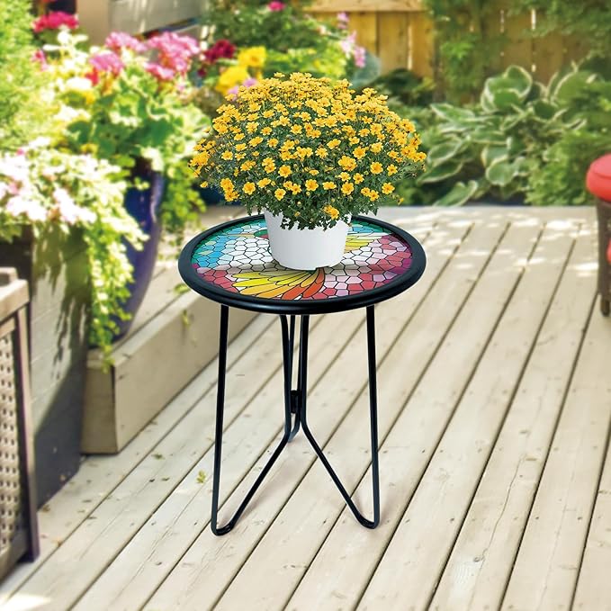 HONGLAND Outdoor Side Table, Small Mosaic Patio Table, 12" Round Metal Side Table End Table, Glass Plant Stand, Small Bistro Coffee Table Plant Stand for Garden Yard Porch Living Room（Hummingbird）