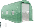 Outsunny 14.6'x6.5'x6.6' Hoop House Greenhouse with 2 Support Rods, Zippered Roll-up Mesh Door, Mesh Windows, Walk-in Tunnel Greenhouse with PE Cover, Galvanized Steel Frame, Outdoor Garden, Green