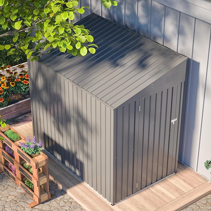 4×7 Ft Lean to Shed, Small Metal Outdoor Storage Shed, 0.25mm Galvanized Steel Metal Garden Tool Shed Waterproof with Lockable Door for Backyard, Patio, Garden, Grey