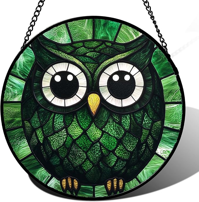 Stained Glass Window Hanging - Green Owl Suncatcher for Doors Garden Patio Funny Bird Sun Catchers Decor Christmas Mother's Day Birthday Teenager Gifts for Women Men Mom Nana Friend 6.3 in
