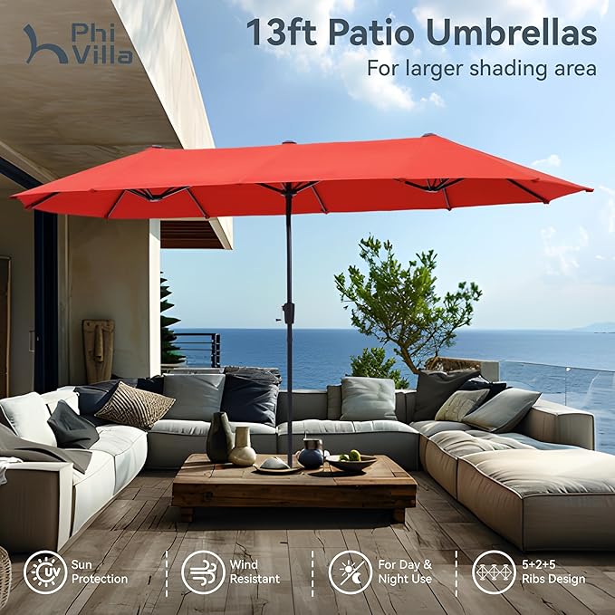 PHI VILLA Outdoor Patio Dining Set with Umbrella for 6, Large Rectangle Patio Table and Chairs Set with 6 Adjustable Folding Patio Sling Chairs(Black) & Red Patio Umbrella for Outside, Deck and Yard