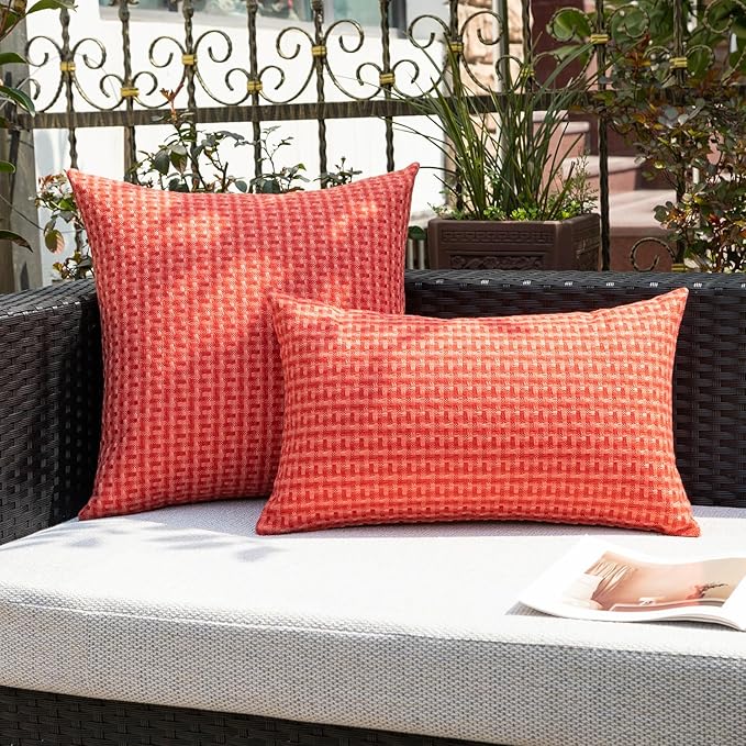 Kevin Textile Outdoor Waterproof Throw Pillow Covers Pack of 2 Farmhouse Decorative Cushion Covers for Garden Patio Tent Balcony Bench Couch Sofa 12x20 Inch, Red