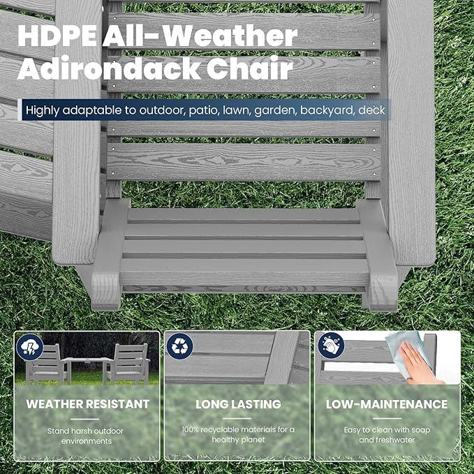 Tall Adirondack Chairs Set of 2, All Weather HDPE Poly Bar Height Balcony Adirondack Chair with Removable Double Connecting Trays, Outdoor Adirondack Barstools for Deck, Patio, Yard, Pool, Lawn
