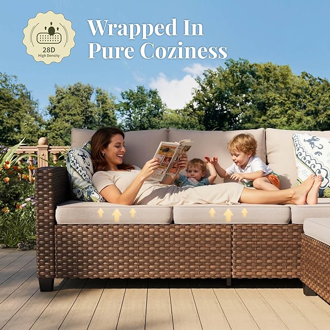 Patio Furniture Set, 6 Pcs Wicker Rattan Outdoor Conversation Set, 2 x Leg Chairs, 1 x 3 Seater Sofa and 2 x Ottoman with 4" Thick Cushion and 32" Fire Pit Table, Beige