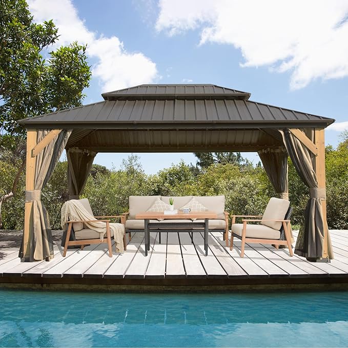 Domi 12'x16' Cedar Wood Gazebo with Double Roof Steel Hardtop,Solid Wood Frame Gazebo,Curtains and Netting Included for Garden, Backyard